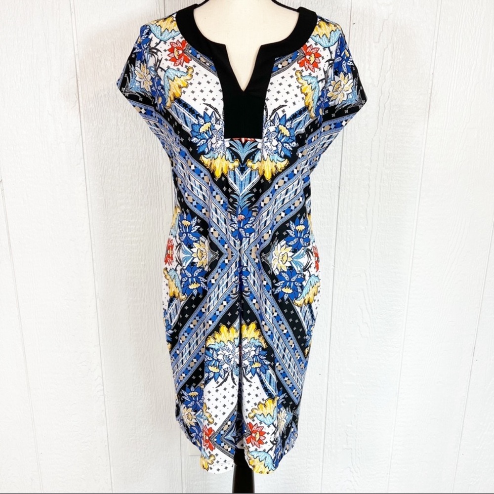 Laundry By Shelli Segal Midi Cocktail Shift Dress Multicolor Floral Cap Sleeve
